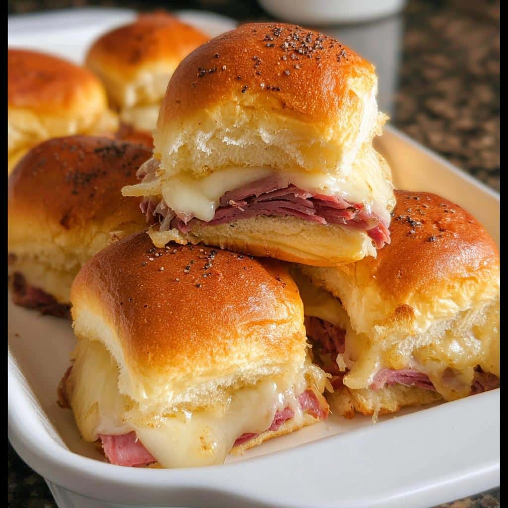 A stack of warm Corned Beef Sliders with melted Swiss cheese on poppy seed buns, served in a white dish.