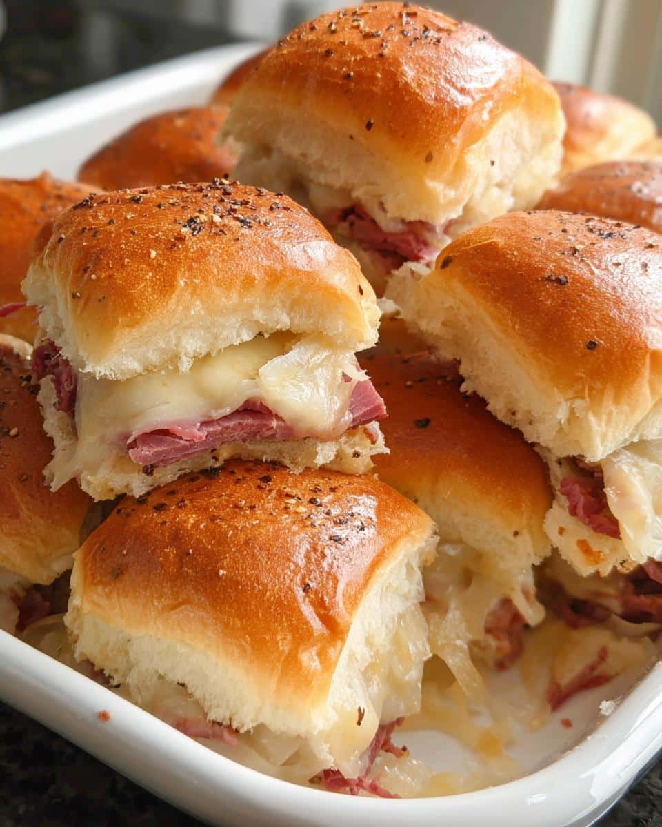 Close-up of several warm Corned Beef Sliders piled in a white baking dish, showing melted cheese and seasoned buns.