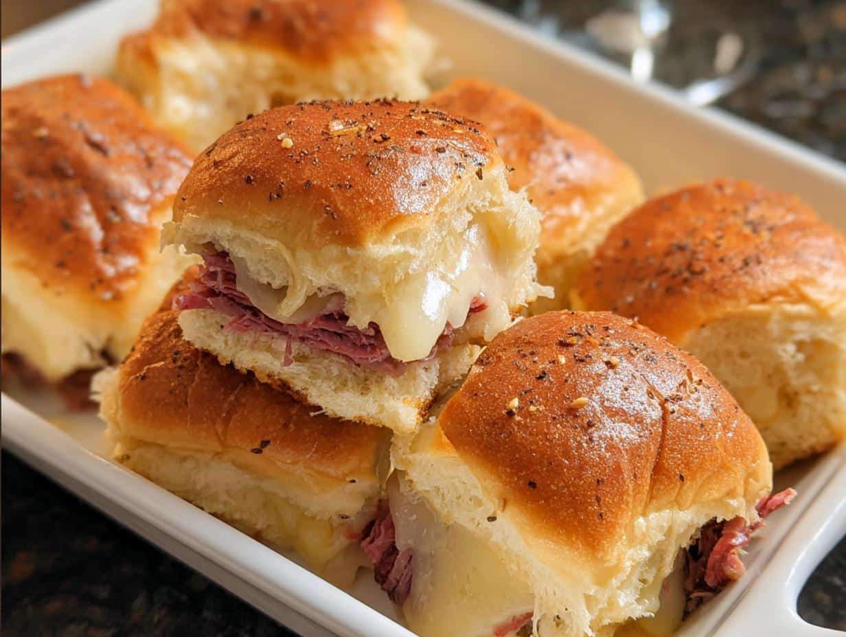 Close-up of several gooey, melted cheese Corned Beef Sliders stacked on a white serving platter, topped with seasonings.