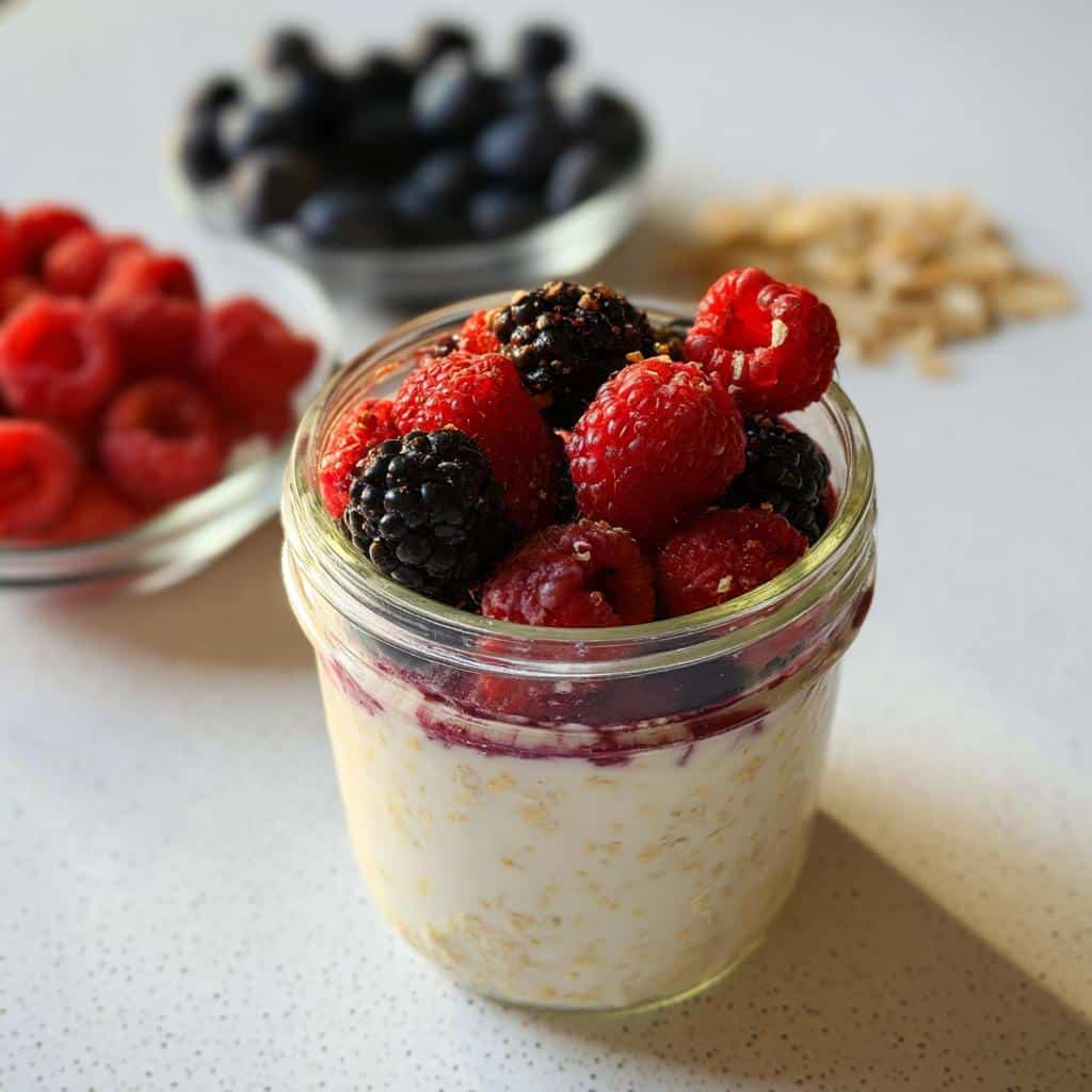 Jar of Cottage Cheese Overnight Oats topped generously with fresh raspberries and blackberries.