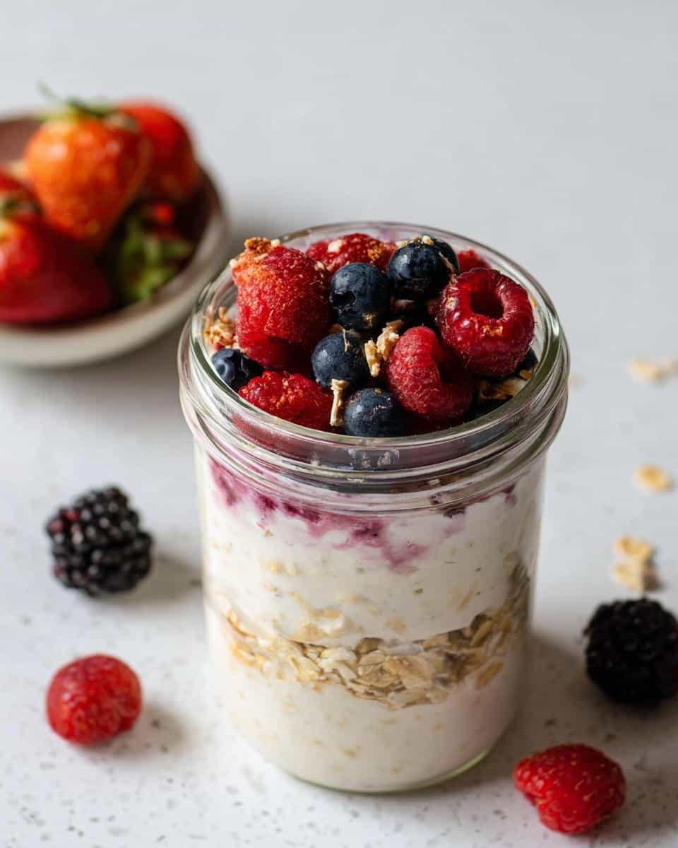 Close-up of Cottage Cheese Overnight Oats layered with oats and topped generously with fresh and frozen mixed berries.