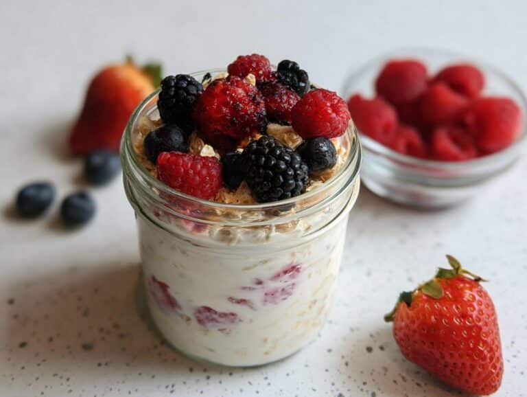 Close-up of Cottage Cheese Overnight Oats topped with fresh raspberries, blueberries, and blackberries in a glass jar.