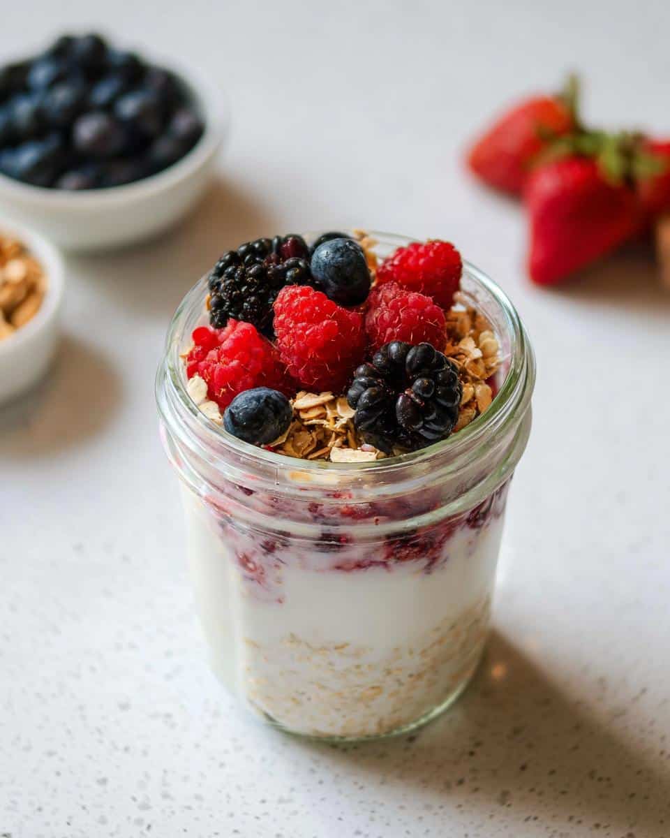 A jar of Cottage Cheese Overnight Oats layered with oats, yogurt, and topped with fresh mixed berries and granola.