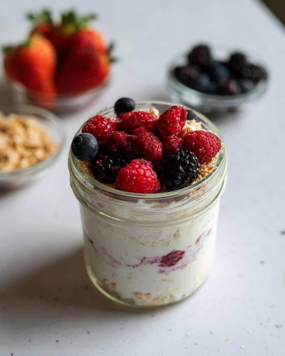 Close-up of Cottage Cheese Overnight Oats in a jar, topped with fresh raspberries, blackberries, and blueberries.