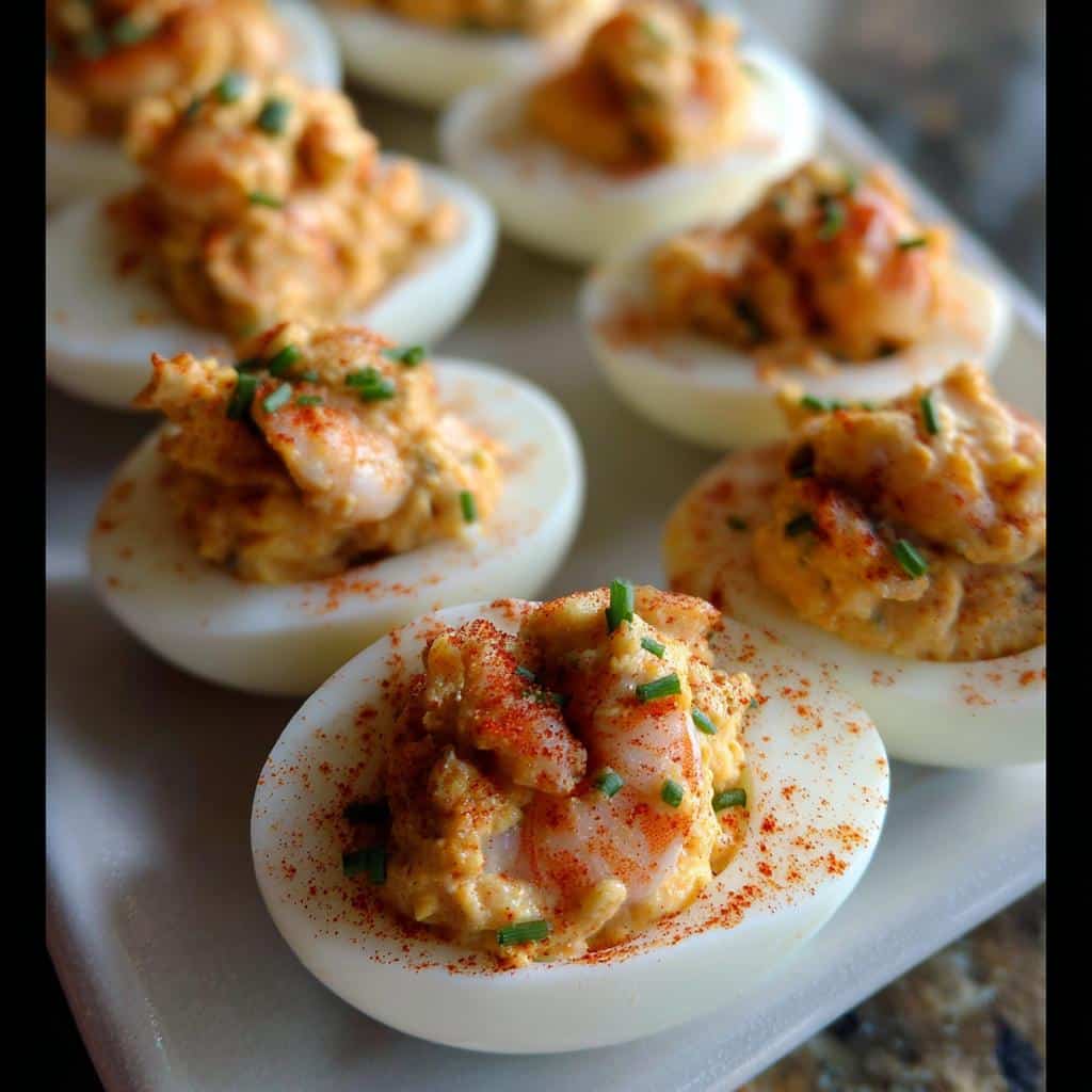 Close-up of several Crawfish Deviled Eggs garnished with paprika and fresh chives on a white platter.