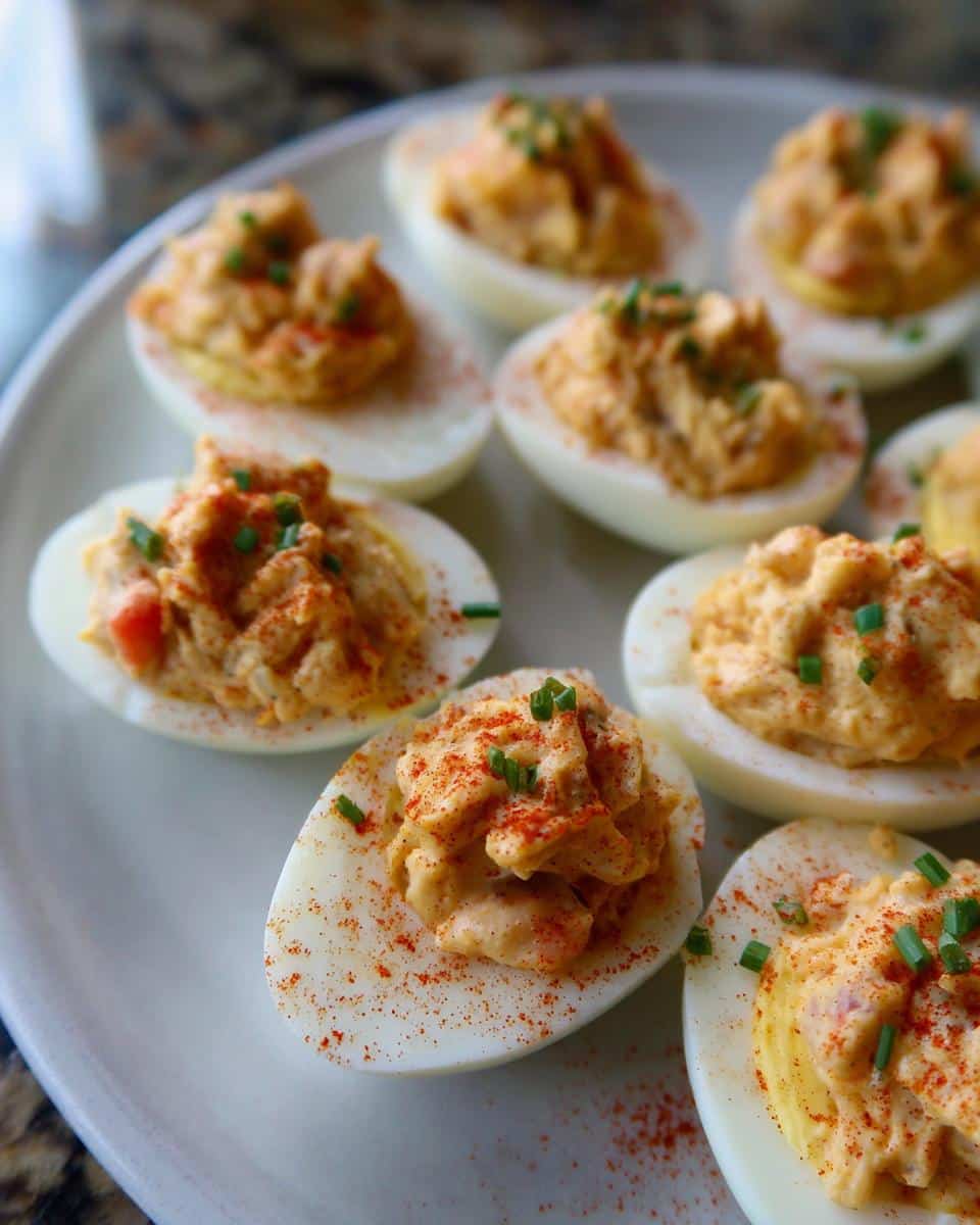 A close-up of several Crawfish Deviled Eggs garnished with paprika and chives on a white plate.