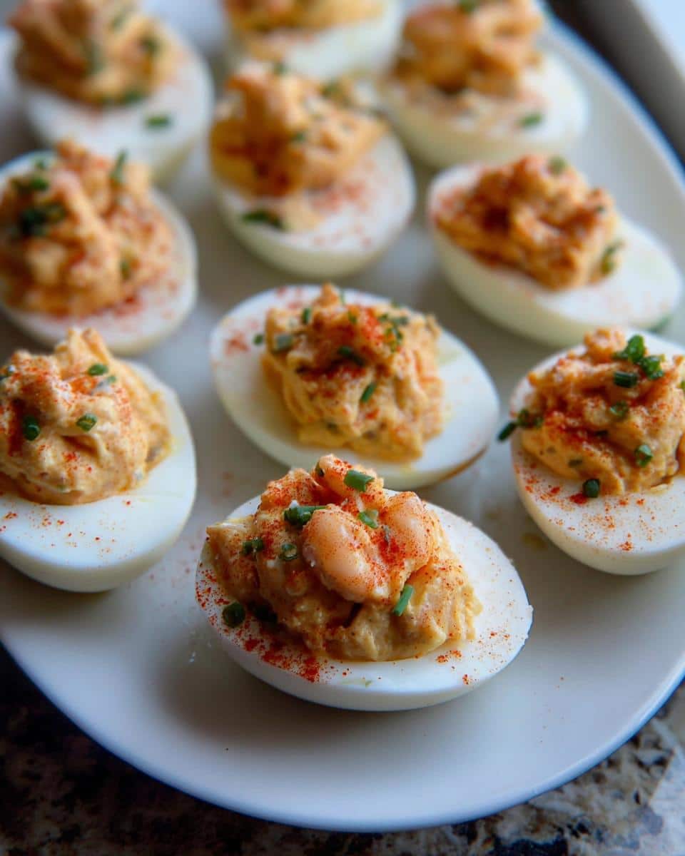 A plate of creamy Crawfish Deviled Eggs, garnished with paprika and chives, featuring whole crawfish tails on top.
