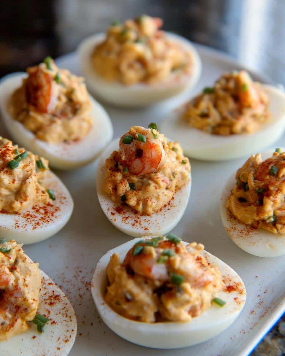 A close-up of several Crawfish Deviled Eggs arranged on a white plate, topped with crawfish pieces and chives.