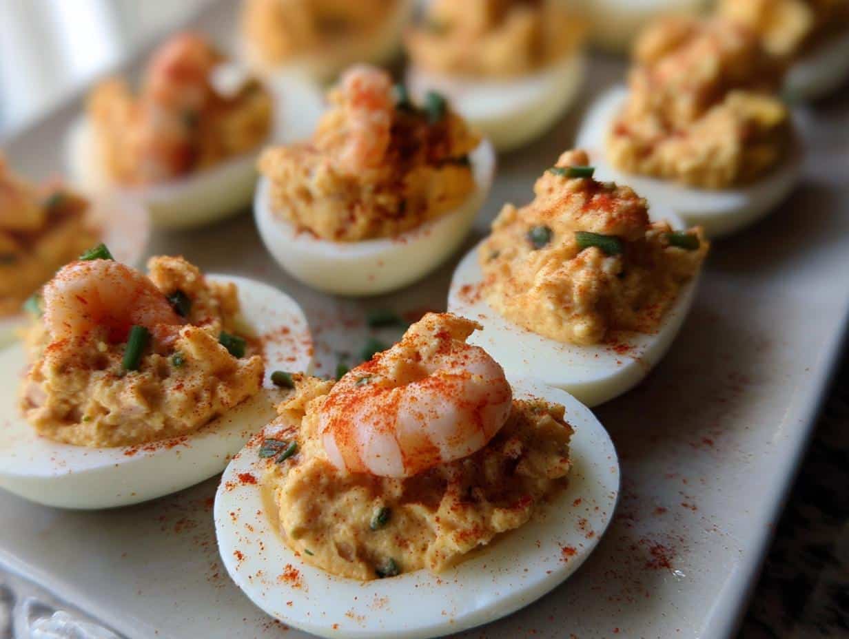 Close-up of several Crawfish Deviled Eggs garnished with a small shrimp and paprika on a white platter.