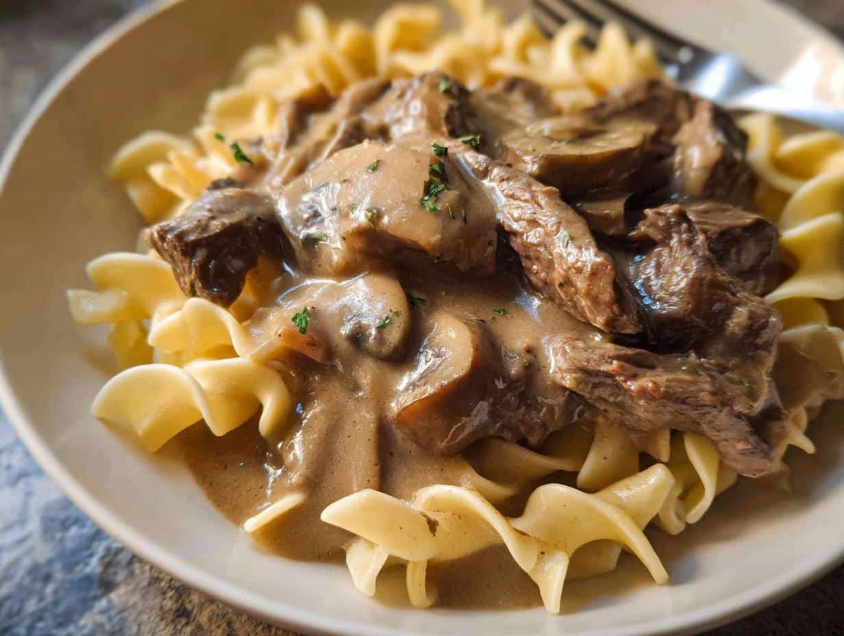 A close-up shot of a creamy Beef Stroganoff Dinner featuring tender beef strips and mushrooms served over wide egg noodles.