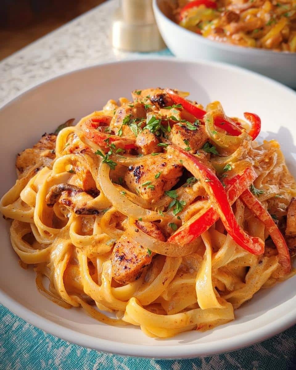 Close-up of a creamy Cajun Chicken Pasta dish featuring fettuccine, seasoned chicken pieces, red peppers, and onions.