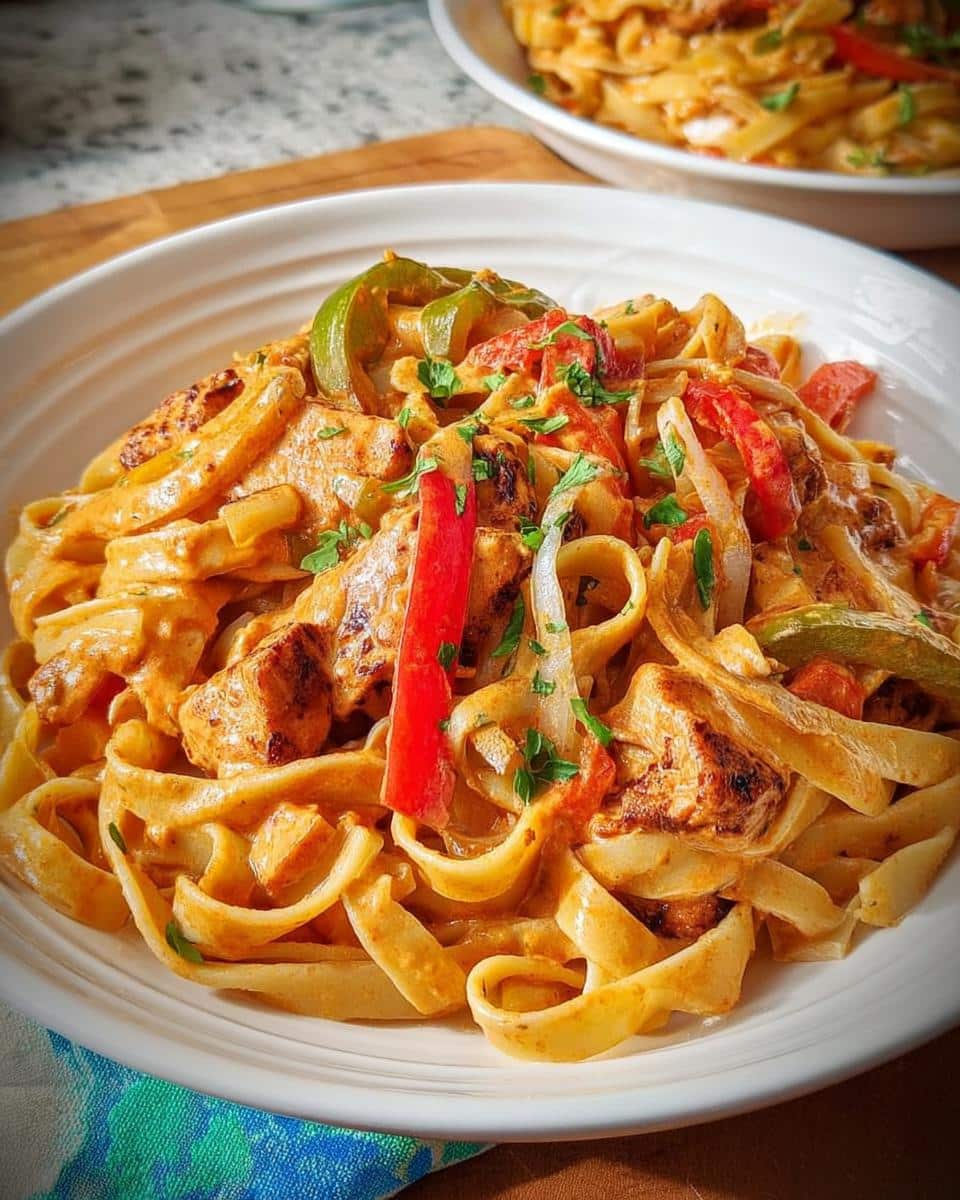 Close-up of a bowl of creamy Cajun Chicken Pasta with fettuccine, peppers, and grilled chicken pieces.