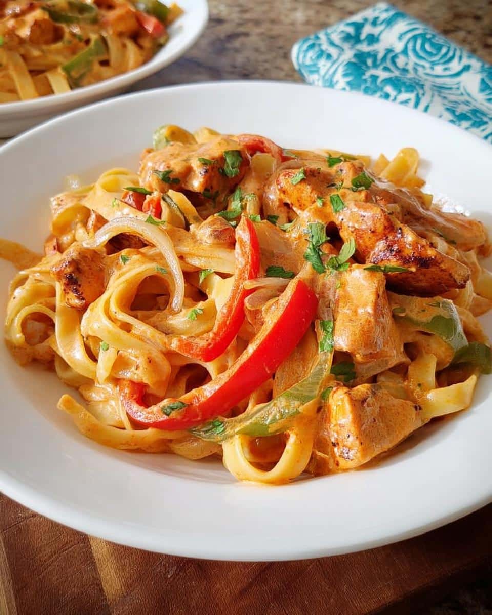 Close-up of creamy Cajun Chicken Pasta featuring fettuccine, seasoned chicken, red and green peppers, and onions.
