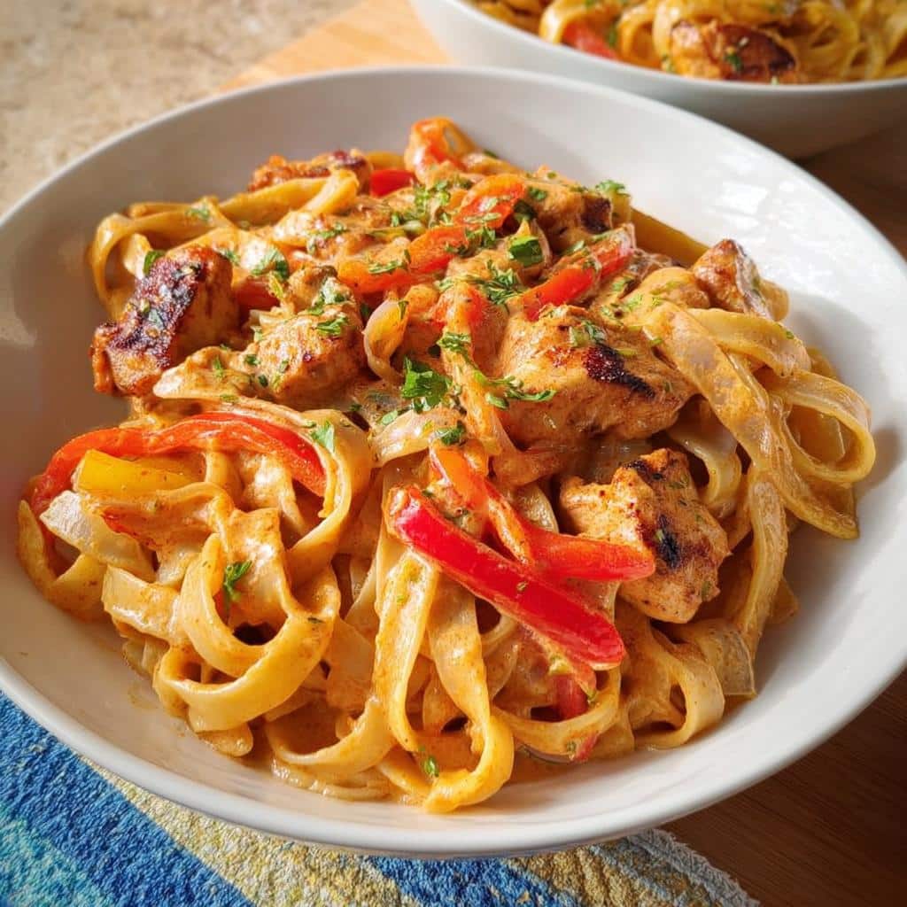 Close-up of creamy Cajun Chicken Pasta featuring fettuccine, seasoned chicken pieces, and sliced red and yellow bell peppers.