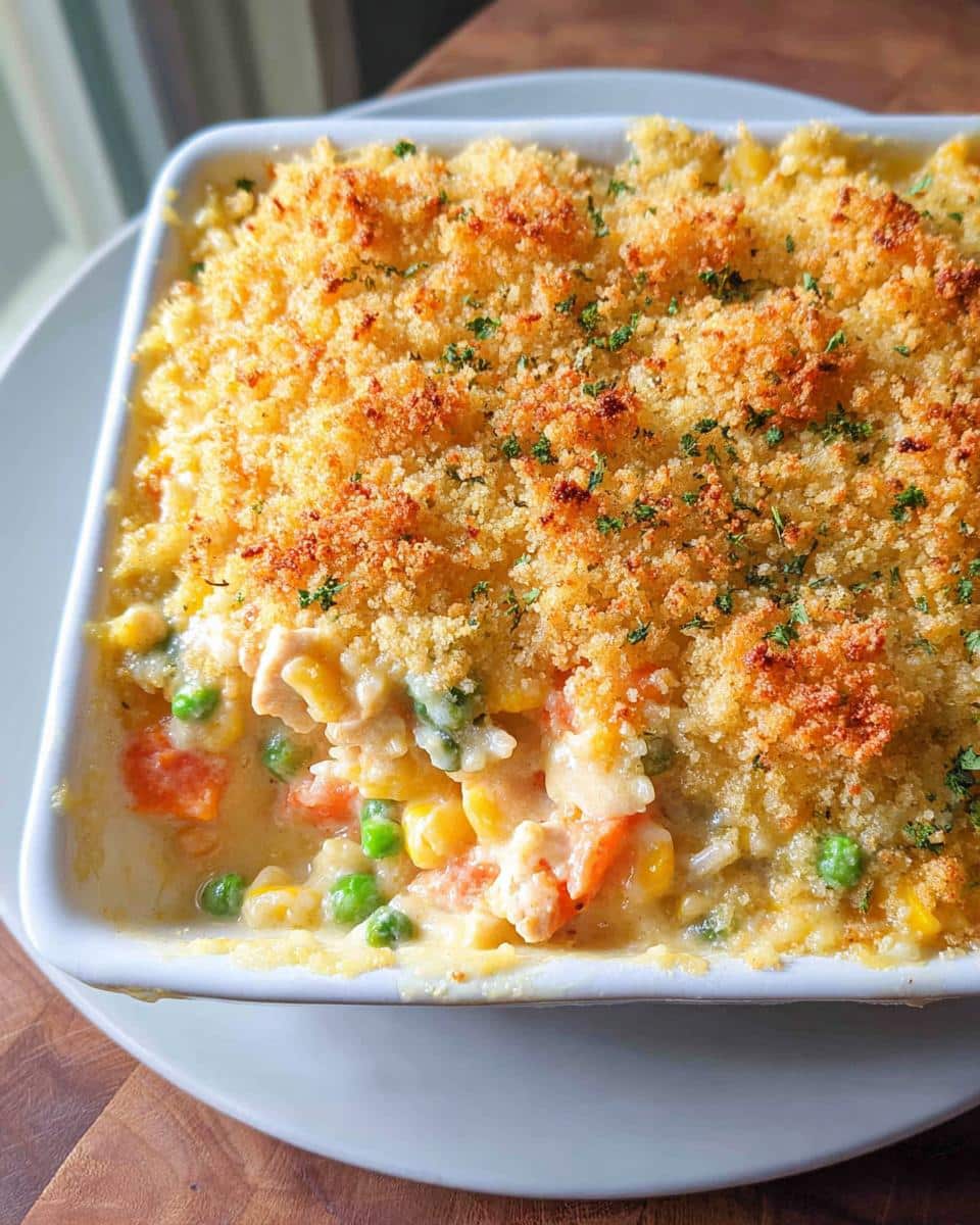 A scoop taken out of a baked Creamy Chicken and Rice Casserole showing creamy filling, vegetables, and a golden breadcrumb topping.