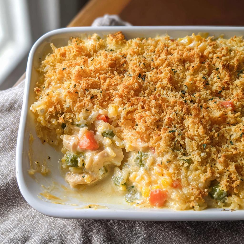 A scoop taken out of a white baking dish showing the creamy interior of the Creamy Chicken and Rice Casserole with vegetables and a golden crumb topping.