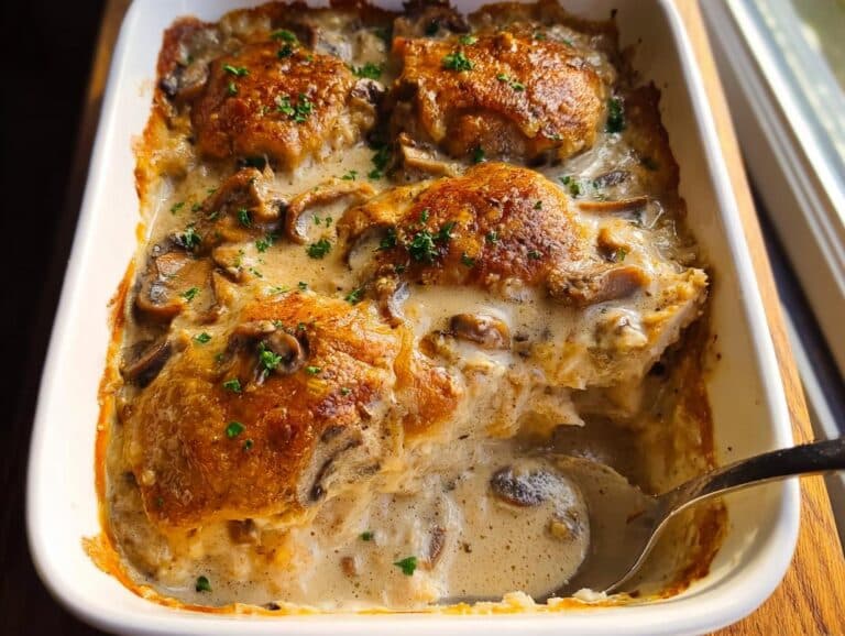 Close-up of a baked Creamy Chicken Mushroom Casserole with browned chicken thighs in a rich sauce, served in a white baking dish.
