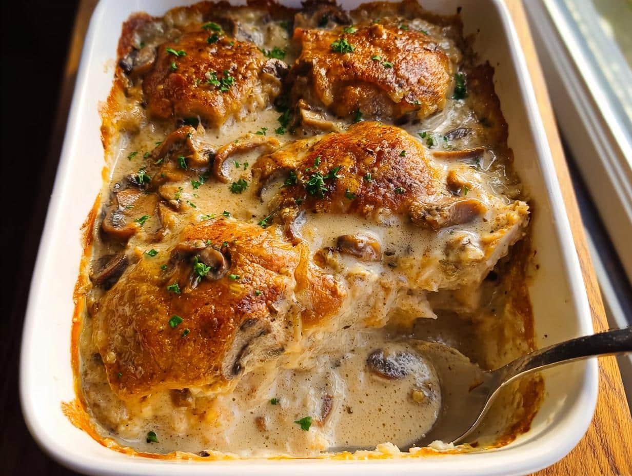 Close-up of a baked Creamy Chicken Mushroom Casserole with browned chicken thighs in a rich sauce, served in a white baking dish.