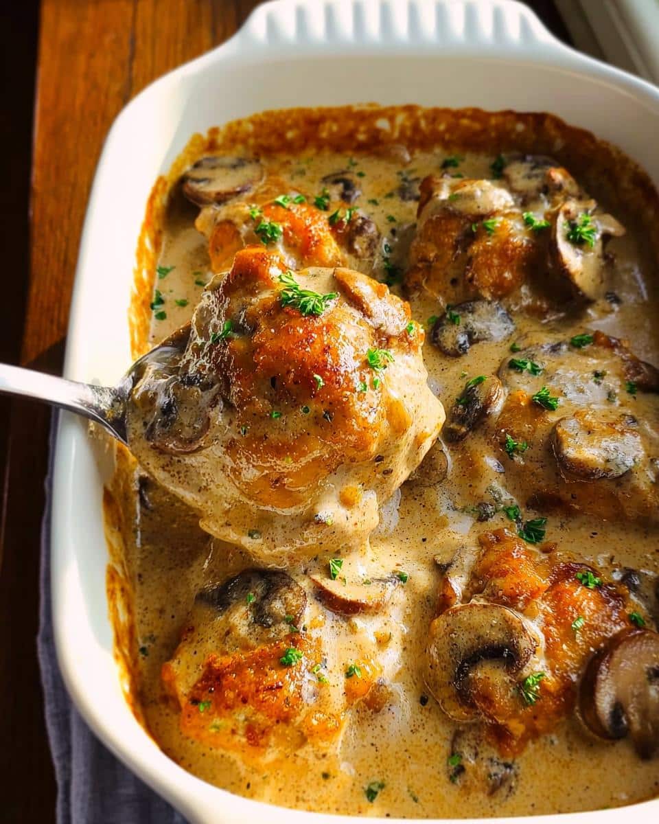 A spoonful of golden-brown chicken being lifted from a white baking dish filled with Creamy Chicken Mushroom Casserole.