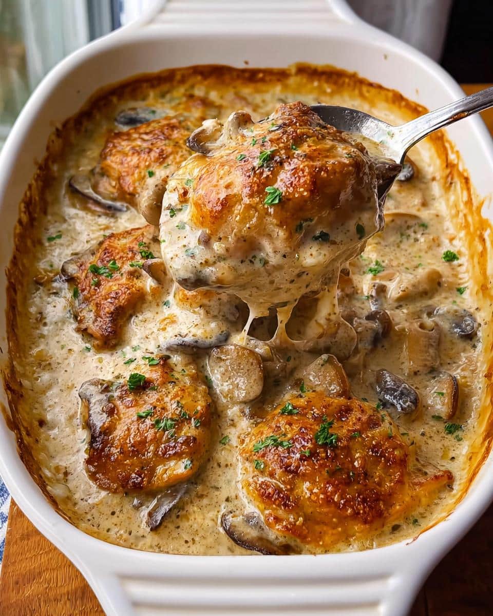 A spoonful of golden-brown chicken lifted from a rich, creamy chicken mushroom casserole filled with mushrooms.