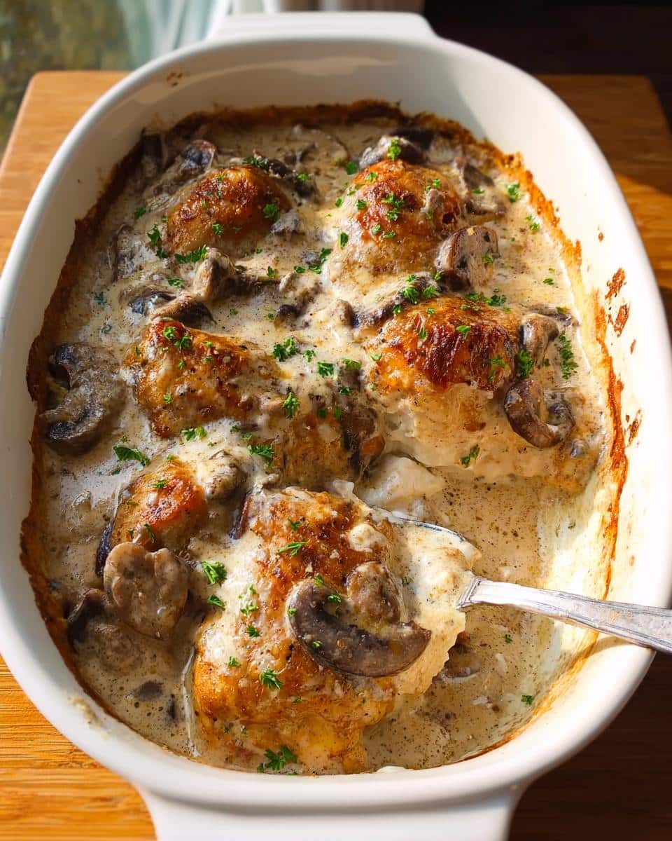 A spoonful being lifted from a white baking dish filled with golden-brown chicken pieces in a rich Creamy Chicken Mushroom Casserole sauce.