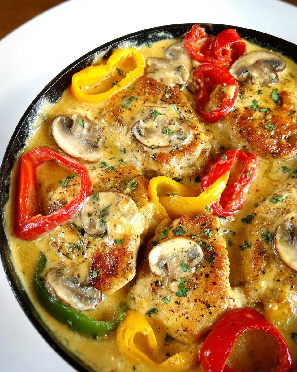 Close-up of seared chicken breasts in a rich, creamy sauce with mushrooms and colorful bell peppers, part of the Creamy Chicken Skillet.
