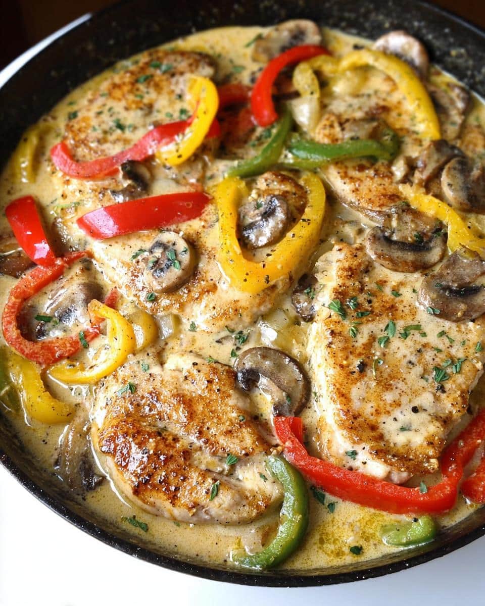 Close-up view of seared chicken breasts simmering in a rich, creamy sauce with sliced bell peppers (red, yellow, green) and mushrooms in a black skillet, part of the Creamy Chicken Skillet recipe.