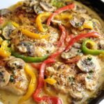 Close-up of seared chicken breasts smothered in a rich, creamy sauce with sliced mushrooms and colorful bell peppers in a skillet.
