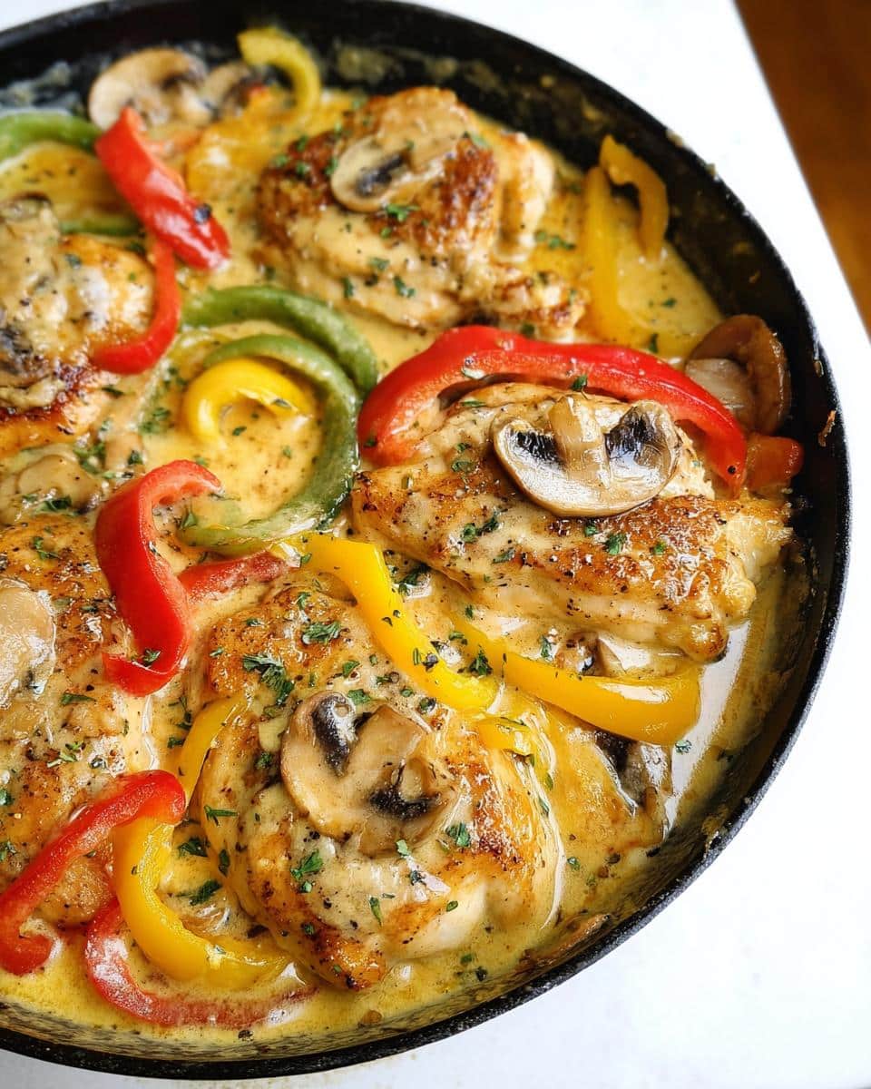 Close-up of seared chicken breasts smothered in a rich, creamy sauce with sliced mushrooms and colorful bell peppers in a black skillet.