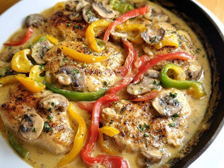 Close-up of seared chicken breasts smothered in a rich, creamy sauce with sliced mushrooms and colorful bell peppers in a skillet.