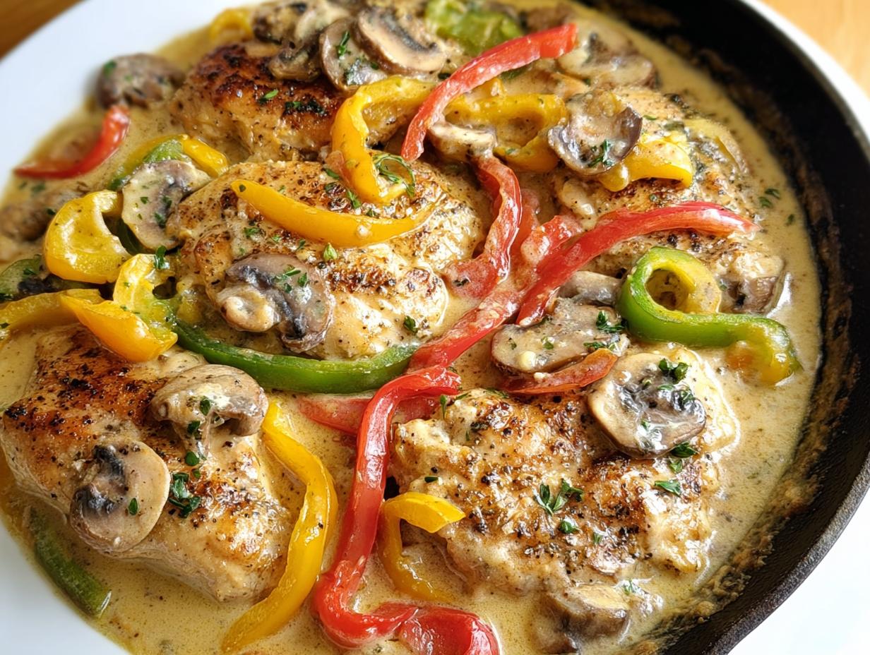Close-up of seared chicken breasts smothered in a rich, creamy sauce with sliced mushrooms and colorful bell peppers in a skillet.