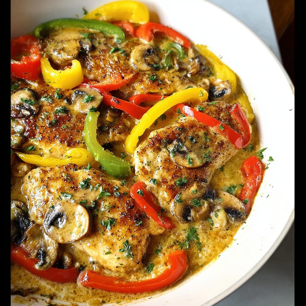 Close-up of seared chicken breasts in a rich sauce with sliced mushrooms and colorful bell peppers, part of the Creamy Chicken Skillet.
