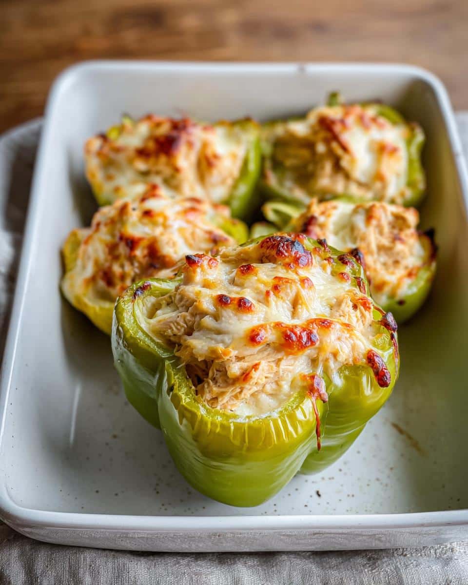 Close-up of baked green bell peppers filled with creamy chicken and topped with melted, browned cheese, ready to serve.