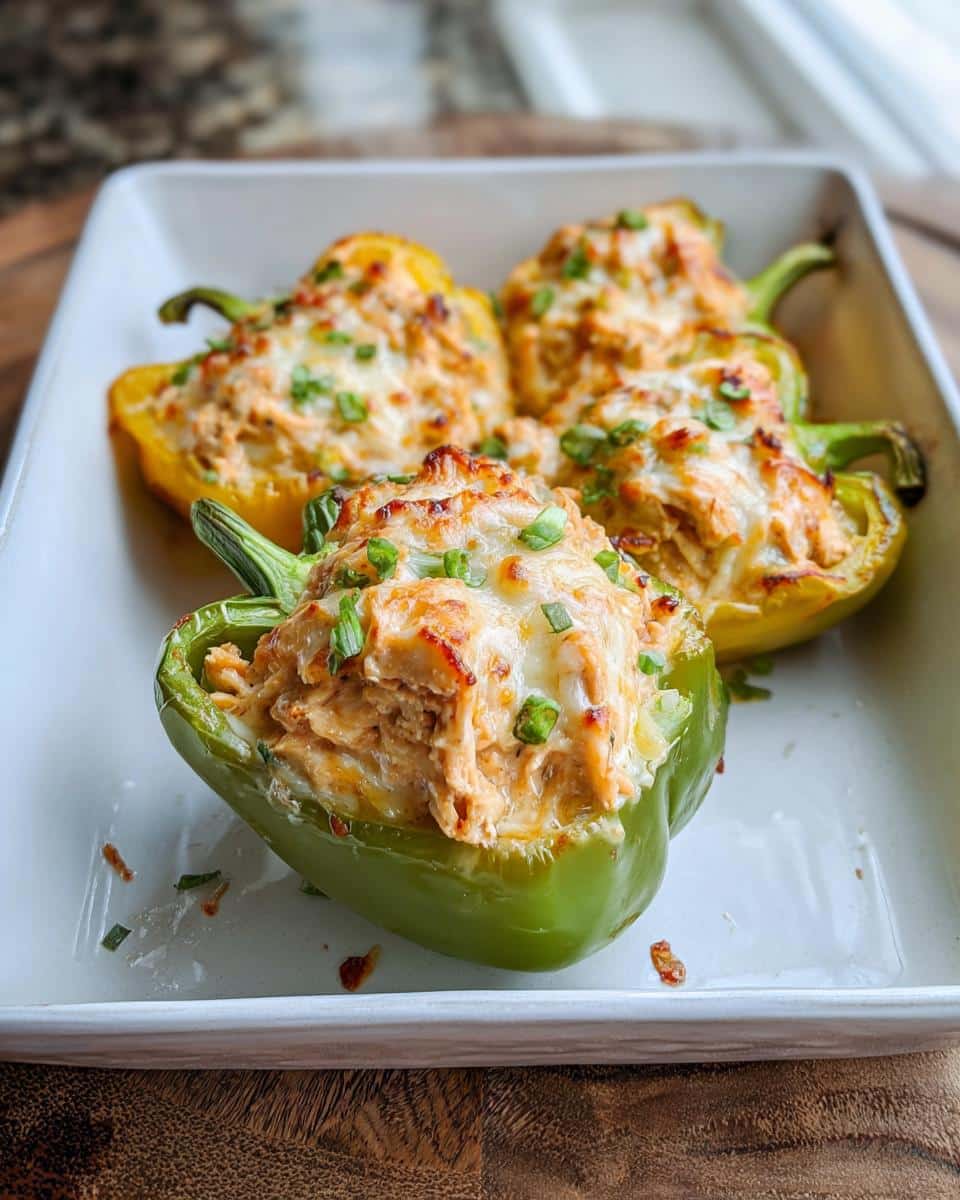 Four baked Creamy Chicken Stuffed Peppers, topped with melted cheese and green onions, served in a white baking dish.