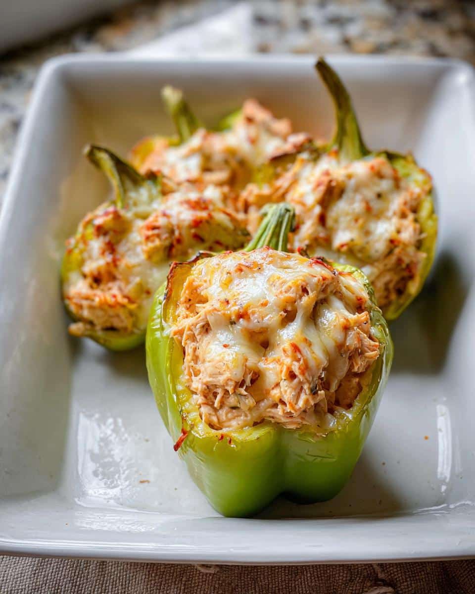 Four baked green bell peppers filled with creamy chicken mixture and topped with melted cheese, ready to serve as Creamy Chicken Stuffed Peppers.