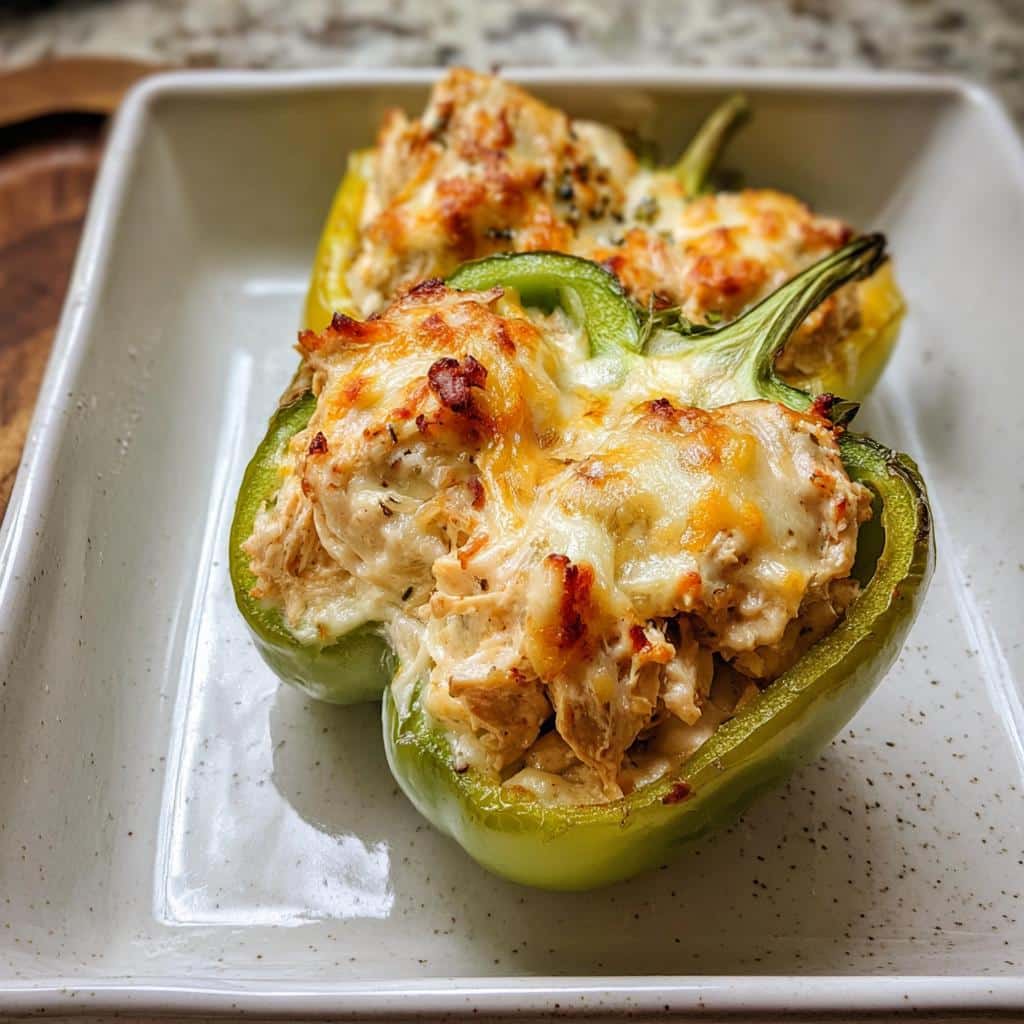 Two halves of green bell peppers filled with creamy chicken mixture and topped with melted, browned cheese, ready to eat.