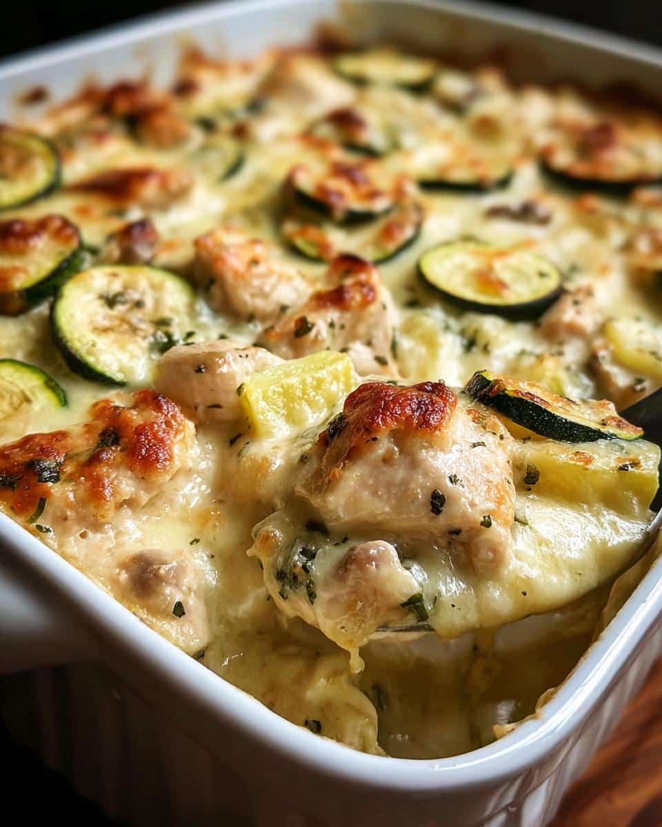 A spoonful of creamy Chicken Zucchini Bake being lifted from a white baking dish, showing melted cheese and browned chicken chunks.