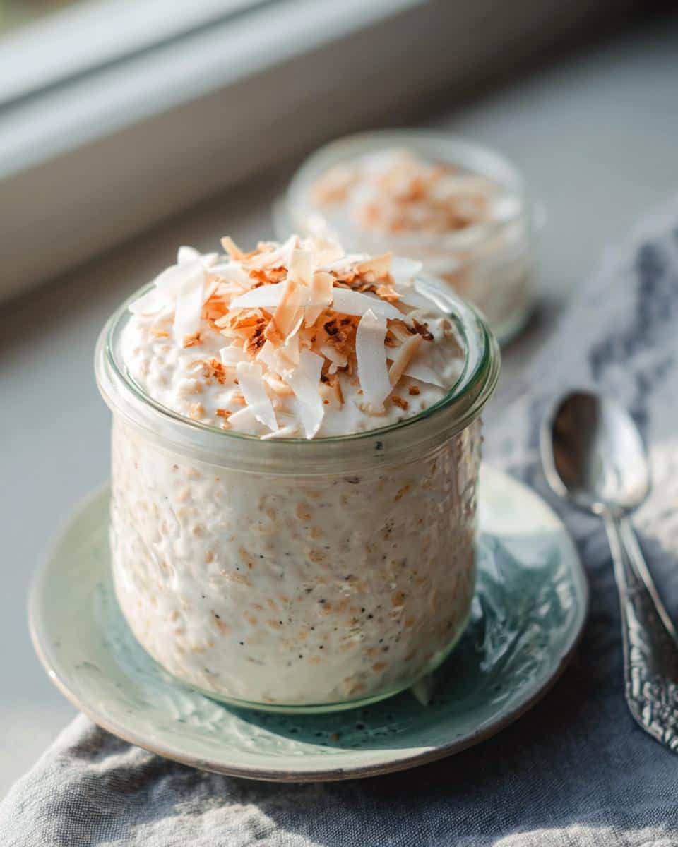 A jar of creamy Coconut Overnight Oats topped generously with toasted coconut flakes.