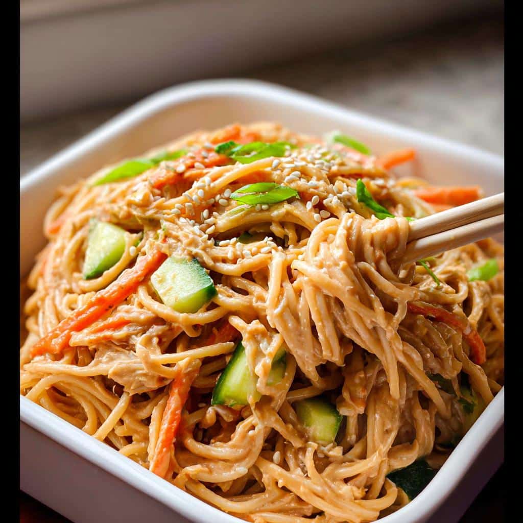 Close-up of creamy Cold Sesame Noodle Lunch Boxes being lifted with chopsticks, topped with cucumber and sesame seeds.