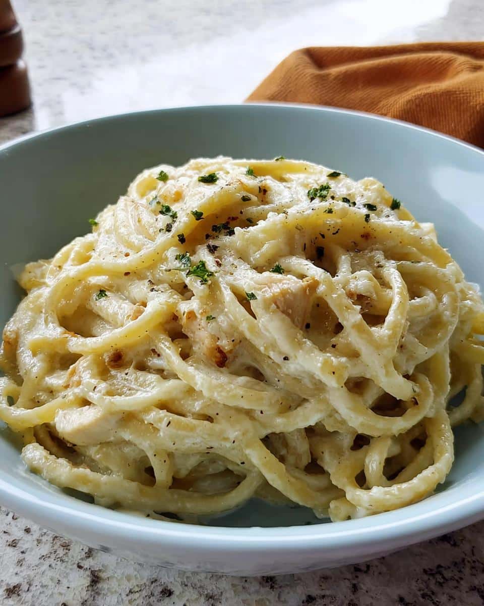 Close-up of a serving of Creamy Garlic Chicken Pasta coated in a rich white sauce, garnished with parsley.