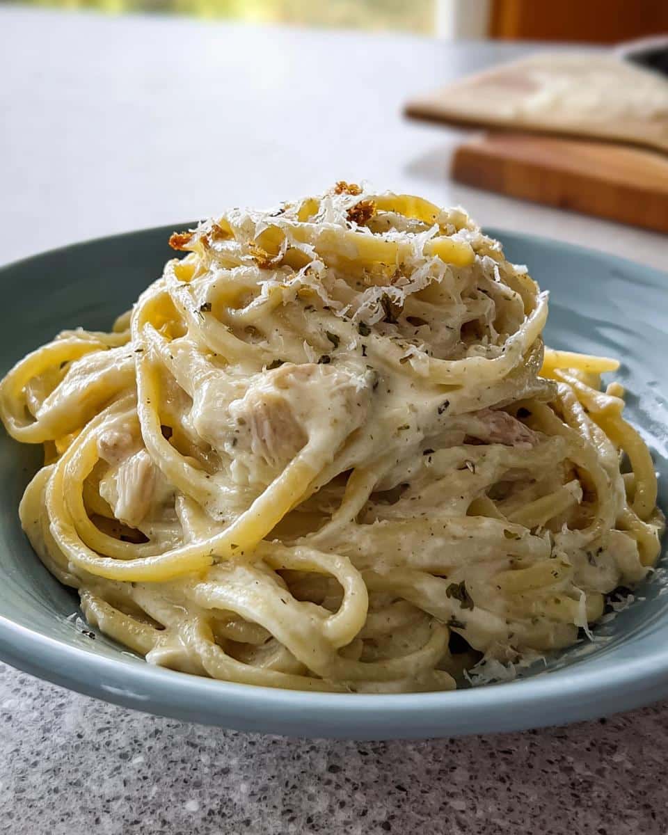 A close-up of a serving of Creamy Garlic Chicken Pasta tossed in a rich white sauce and topped with grated Parmesan cheese.