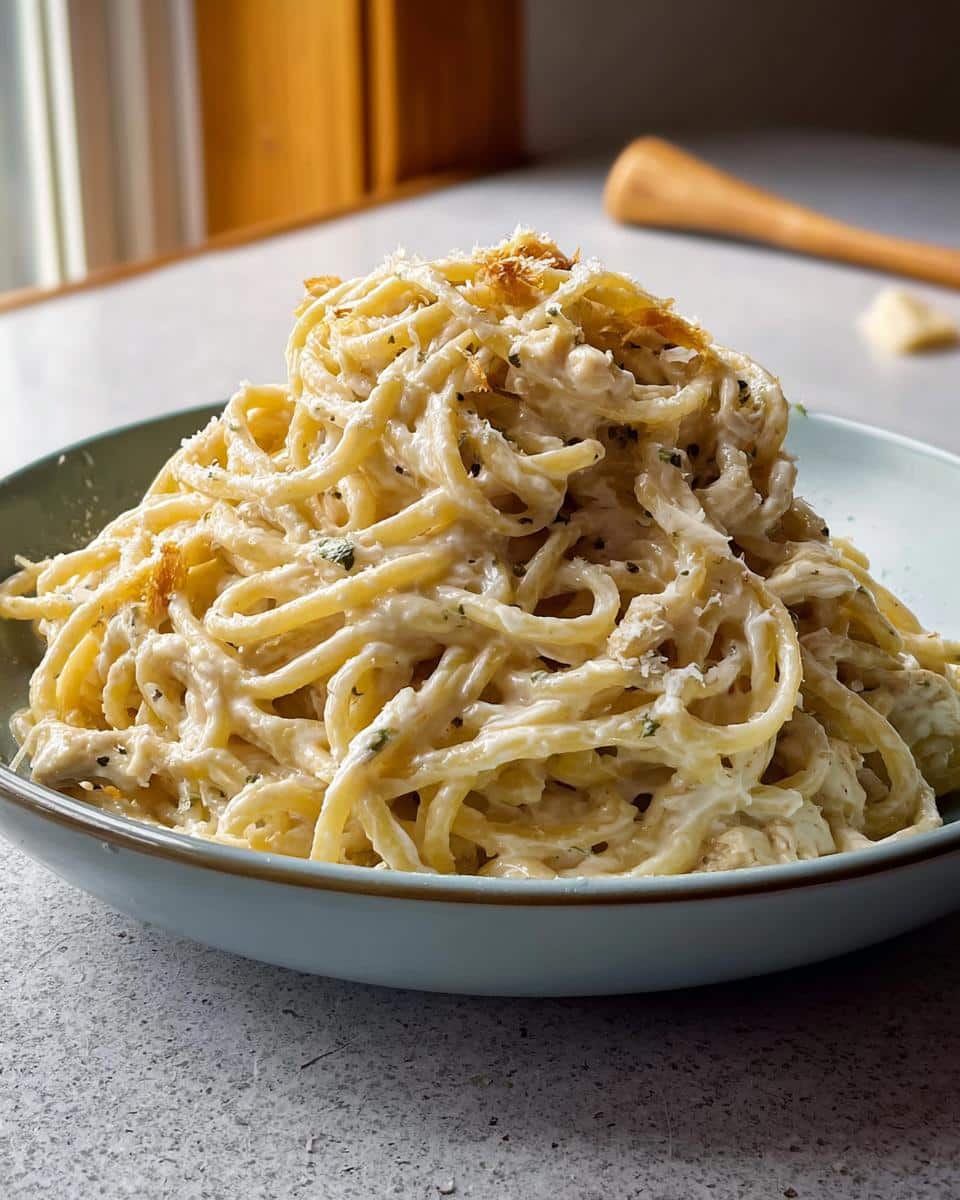 A generous serving of Creamy Garlic Chicken Pasta tossed in a rich white sauce, topped with Parmesan and toasted breadcrumbs.