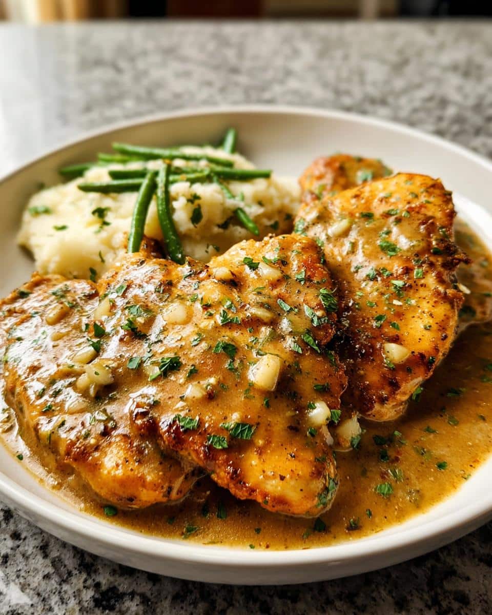 Three pan-seared chicken breasts covered in a rich Creamy Garlic Chicken sauce, served with mashed potatoes and green beans.