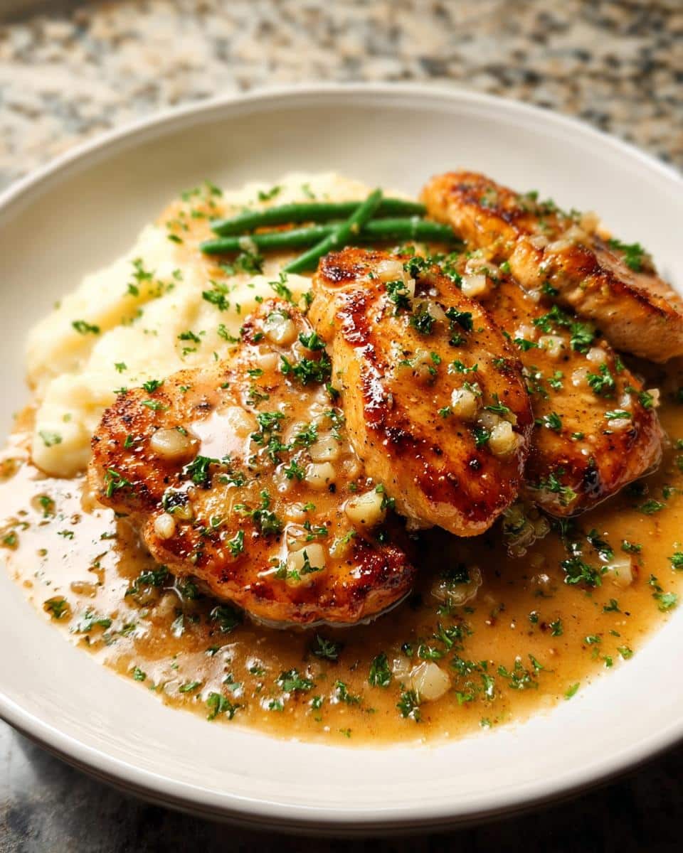 Three golden-brown pieces of Creamy Garlic Chicken smothered in a rich garlic sauce, served next to mashed potatoes and green beans.