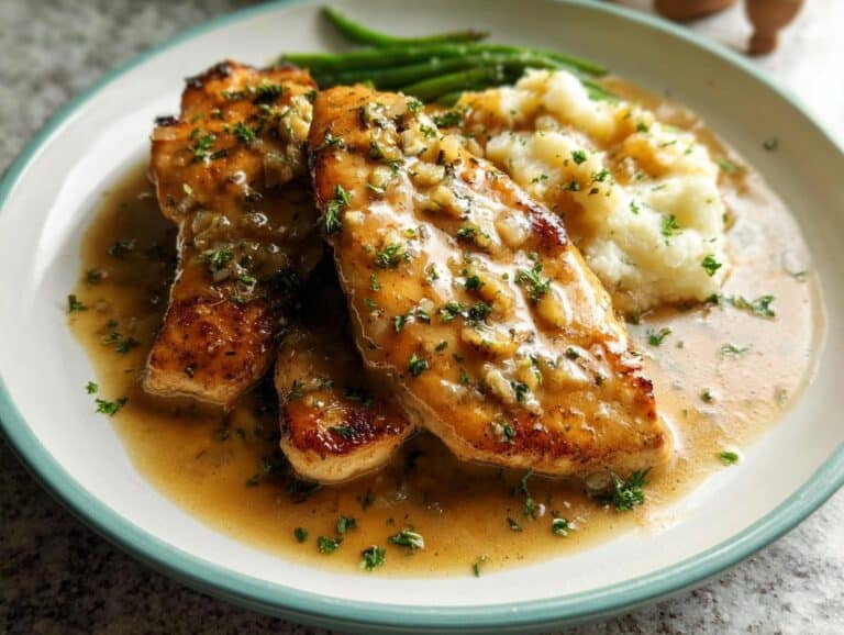 Two golden-brown chicken breasts smothered in a rich, creamy garlic sauce, served with mashed potatoes and green beans.