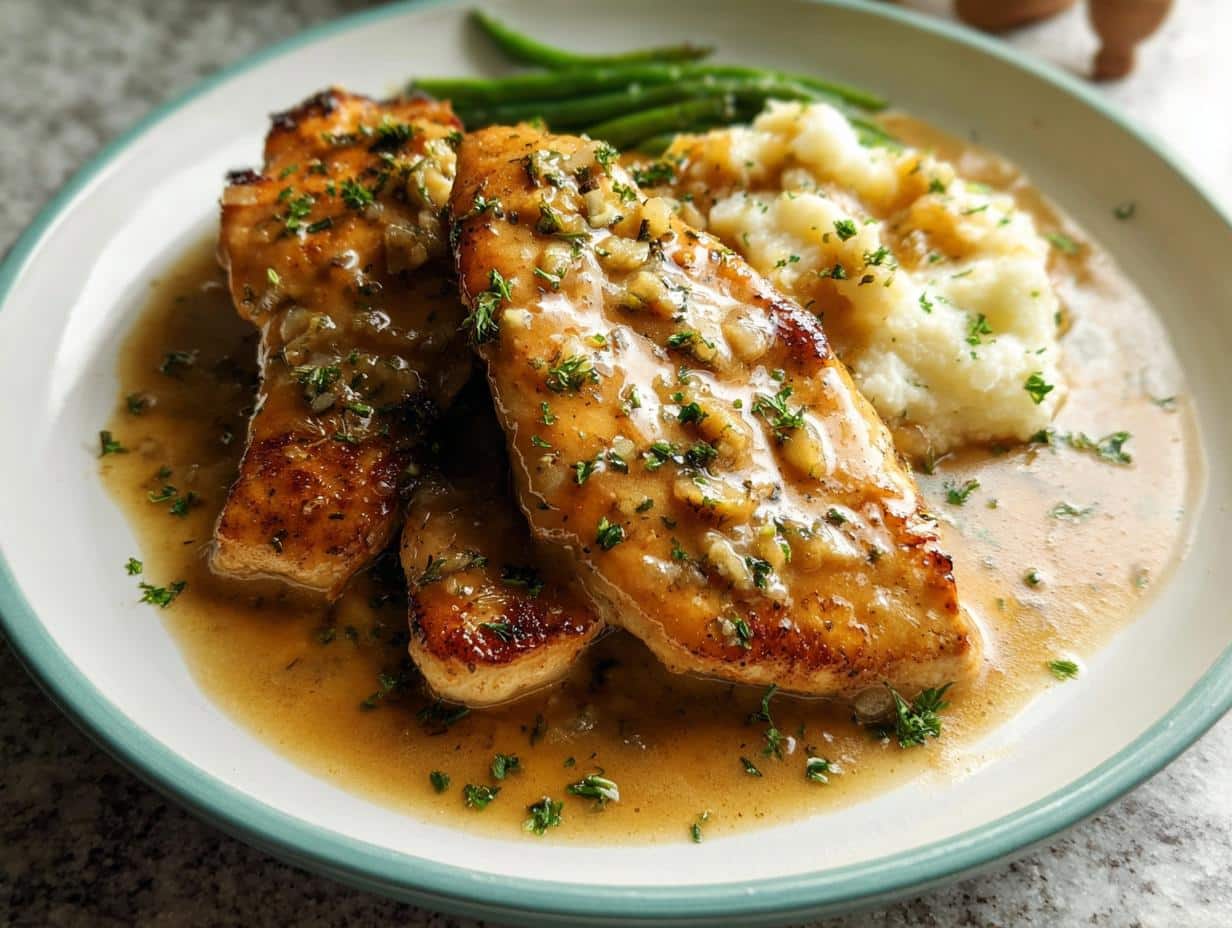 Two golden-brown chicken breasts smothered in a rich, creamy garlic sauce, served with mashed potatoes and green beans.