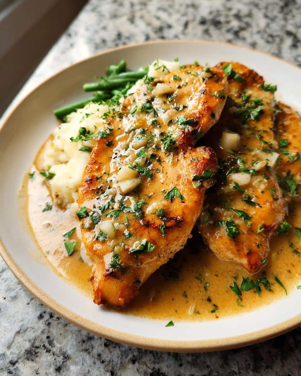 Two golden-brown chicken breasts covered in a rich, creamy garlic sauce and fresh parsley, served with mashed potatoes and green beans.