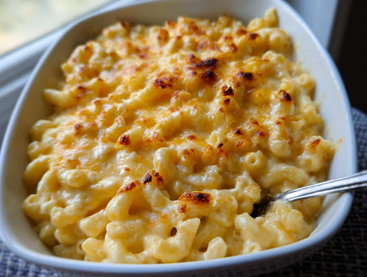 Close-up of a white bowl filled with creamy gluten-free mac and cheese, featuring a golden, bubbly, and slightly browned cheese topping.