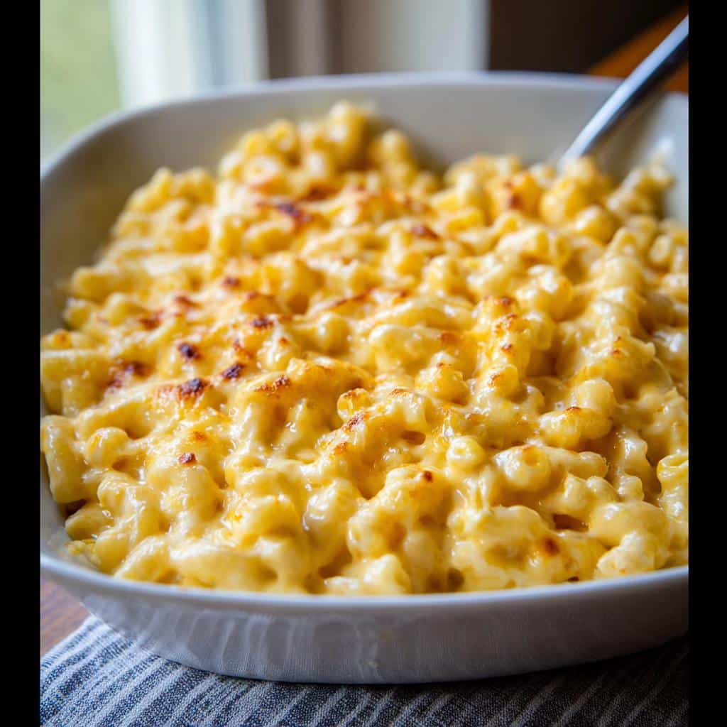 Close-up of a white bowl filled with rich, creamy gluten-free mac and cheese topped with golden-brown baked cheese.