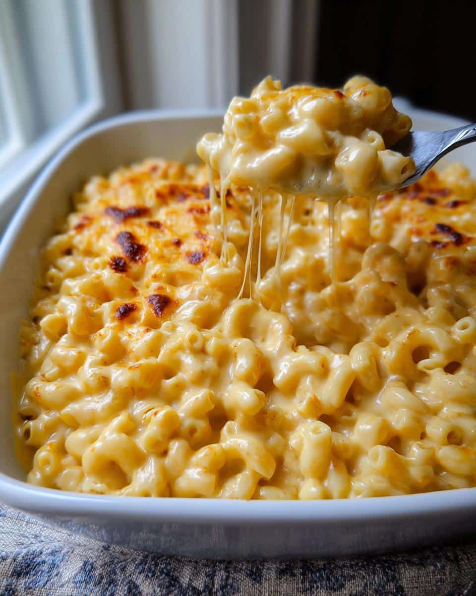 A fork lifts a serving of creamy gluten-free mac and cheese, showing long, gooey cheese pulls.